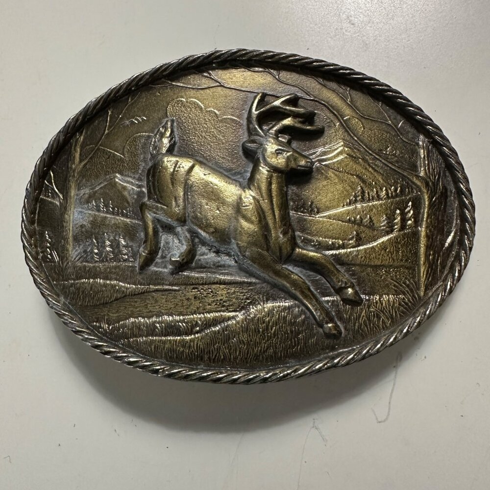 VTG 1980 The Great American Buckle Co #472 Brass Deer 3.5 x 2.5” Oval Buckle